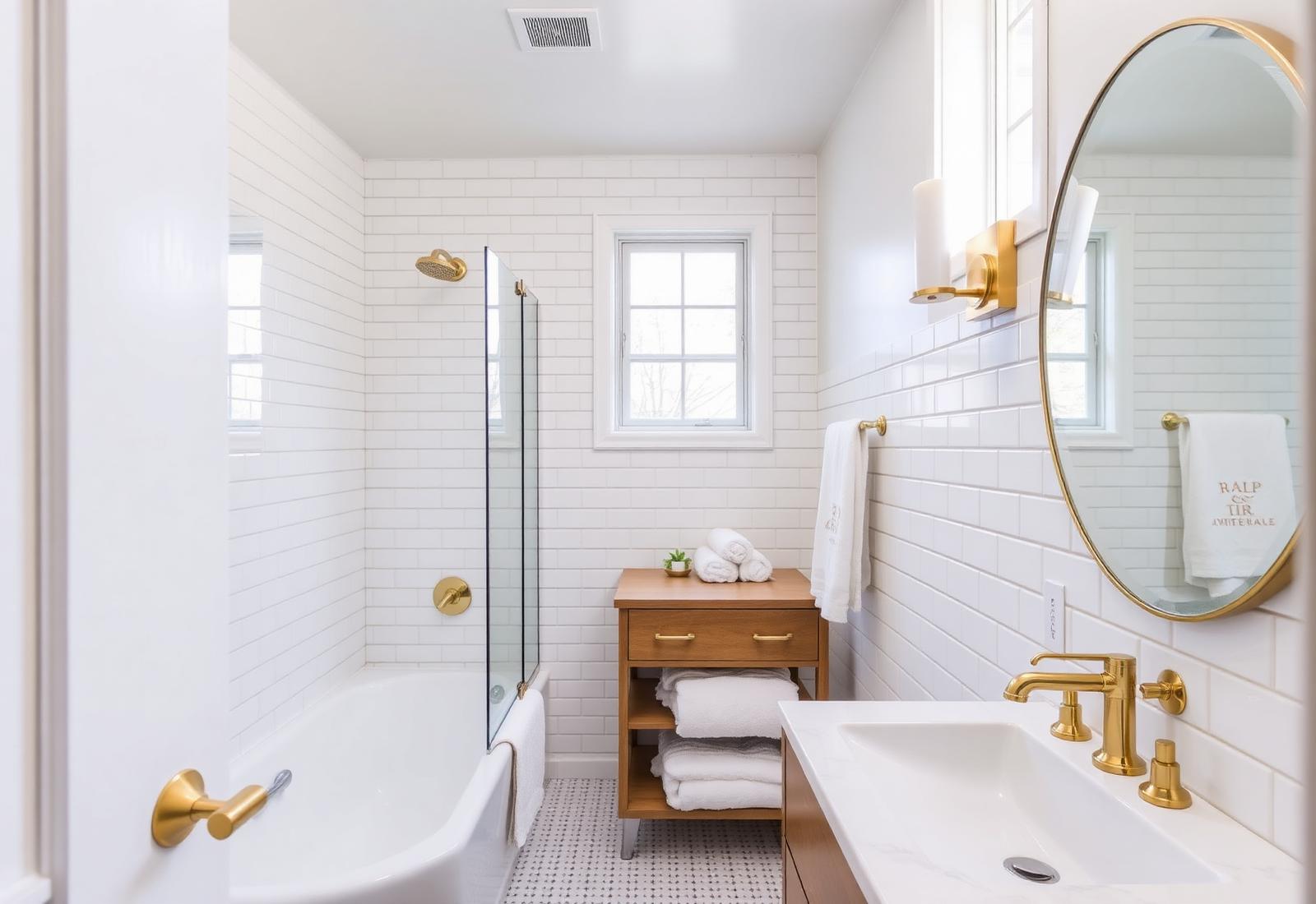 Beautifully remodeled bathroom with subway tile and warm wood vanity